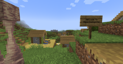 The spawn village of the 1.18 Experimental Snapshot Server, with a few village buildings and a farm in the background