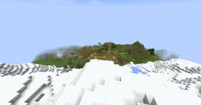 A view atop the mountain a bit south of spawn village, the village, and the valley are seen in this screenshot.