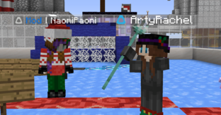 A Vivecraft VR client (right) holding a trident beside a Vivecraft non-VR client (left). Taken in VR.